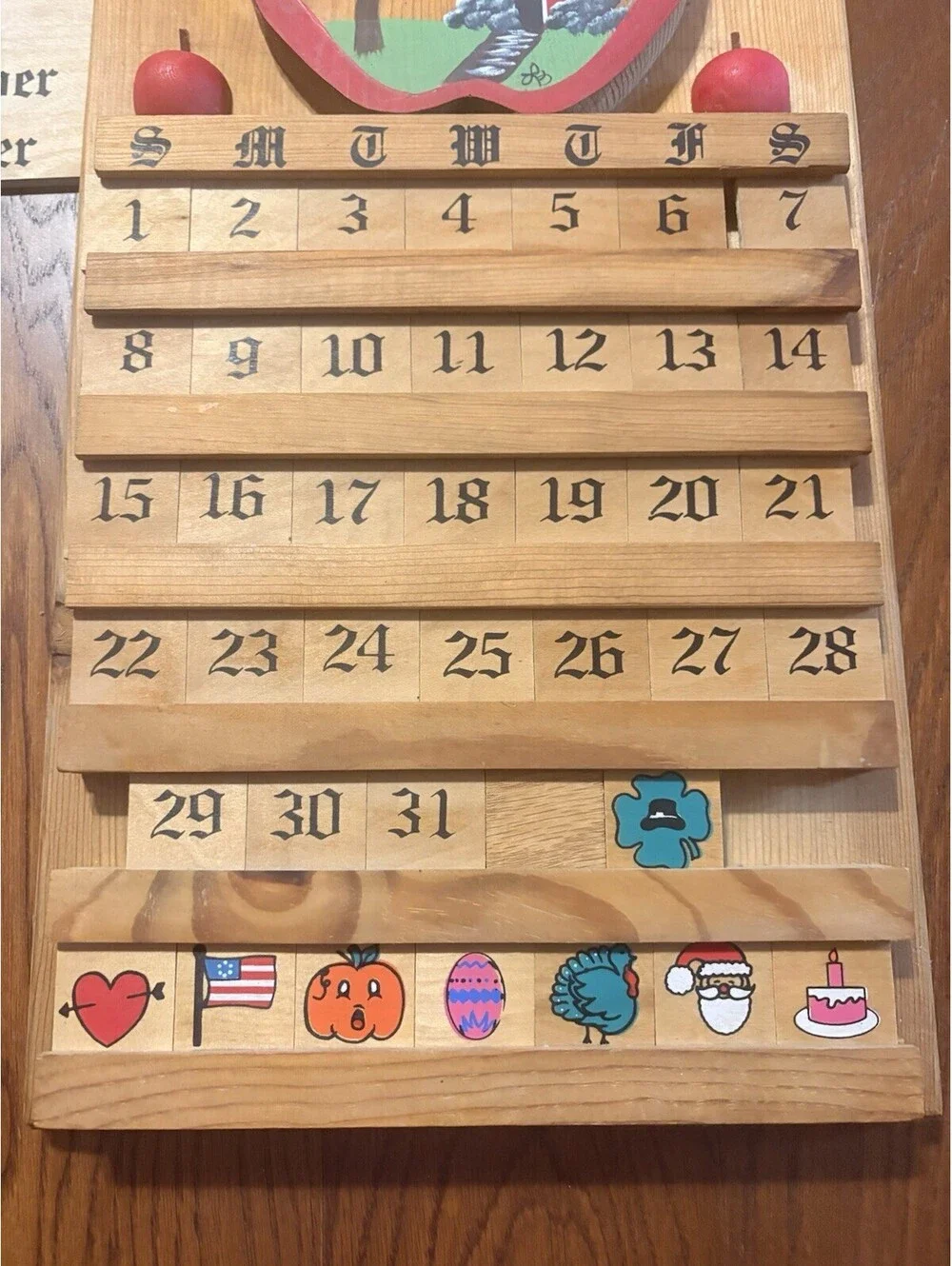 Vtg Wooden Perpetual Calendar Wall Hanging Farmhouse Cottagecore Folk Art